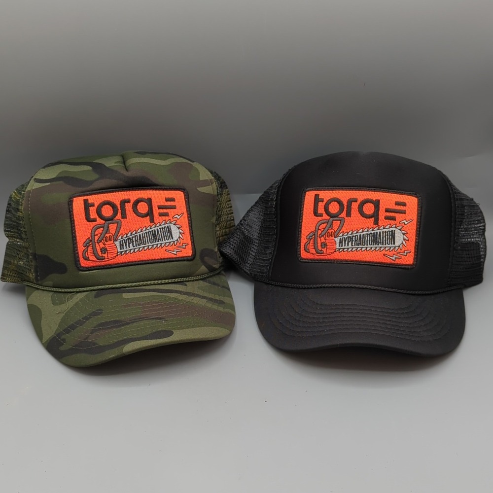 Lot of 2 Vintage Torq Chainsaws Snapback Hat Cap Hyperautomation Camo & Black